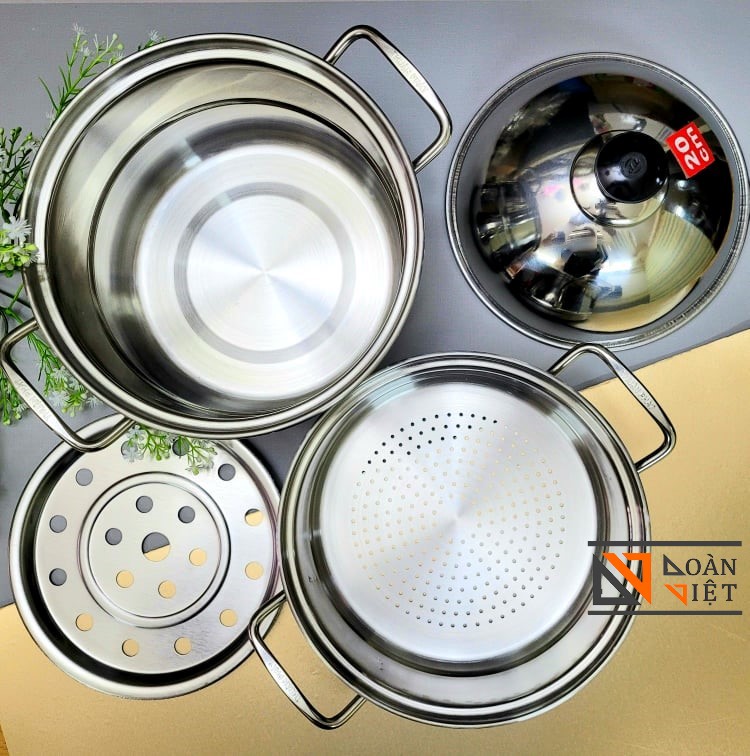 Bộ Xửng Hấp Lớn INOX đường kính 28 cm (24cm). Nồi 2 tầng tháo rời Siêu Tiện Ích, có thể dùng nồi lẫu, hoặc vừa hấp hải sản Siêu Ngon. Dùng các loại bếp