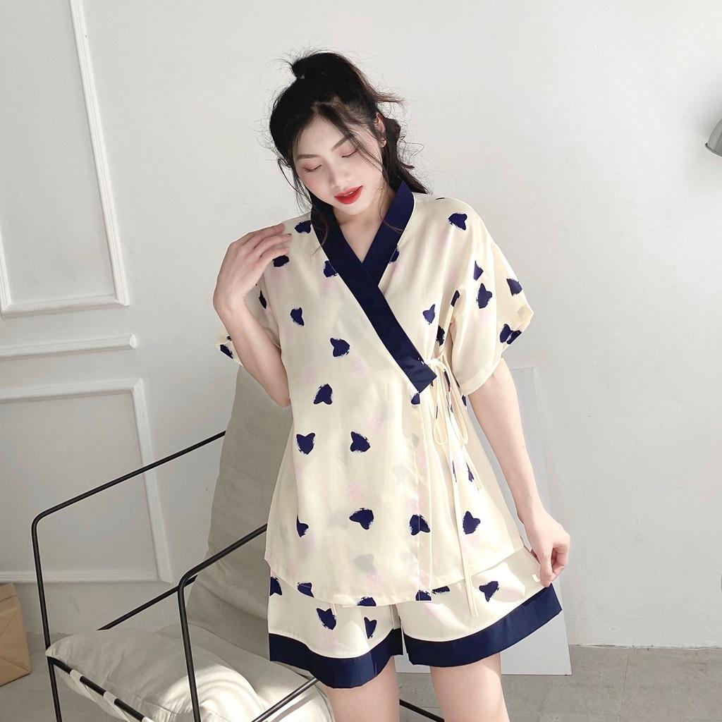 Bộ Kimono Nữ Họa Tiết Cộc Tay Set Ngủ Nữ Ngắn Tay Dây Buộc Eo 4 Màu