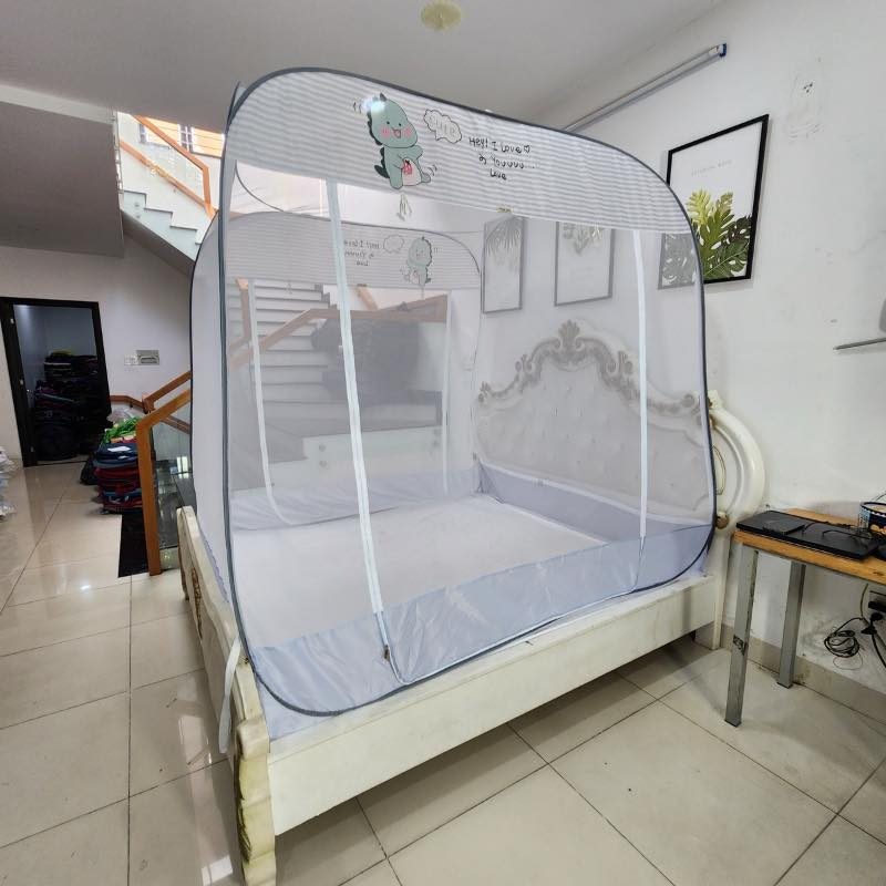 Màn Chụp , Mùng Chụp Cao Cấp Mộc Miên Đỉnh Vuông - Kích Thước 1,6mx2m ( Xám Khủng Long )