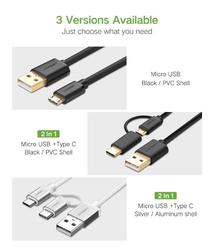 Ugreen UG30171US142TK 1M màu trắng Cáp USB-A sang Micro USB + USB-C cao cấp - HÀNG CHÍNH HÃNG