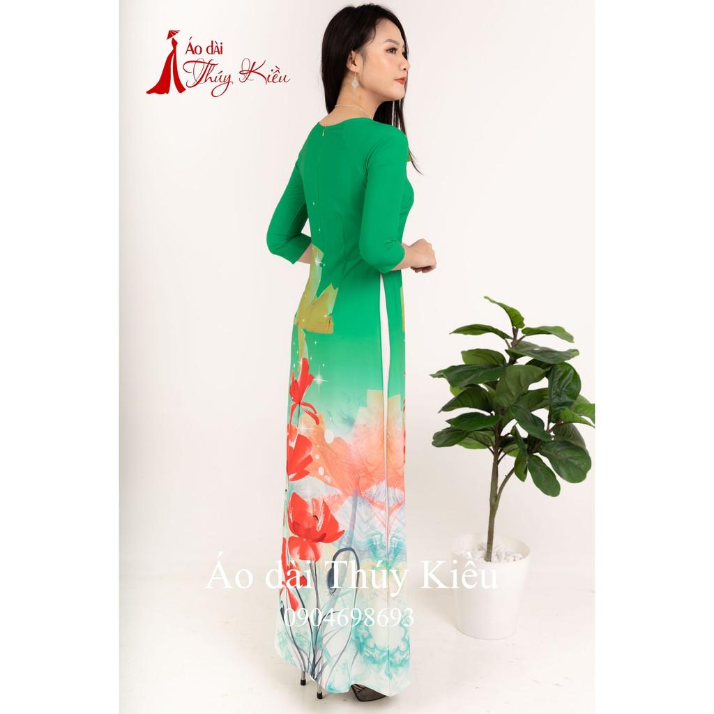 Áo dài Thúy Kiều in 3D lụa Nhật đỏ xanh lá K44