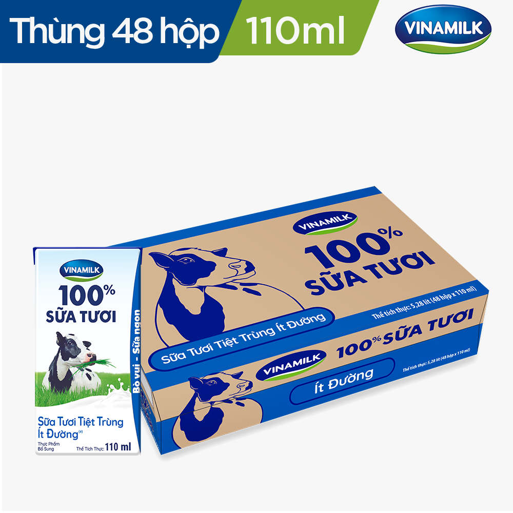 THÙNG 48 HỘP SỮA TƯƠI TIỆT TRÙNG VINAMILK 100% ÍT ĐƯỜNG - 110ML