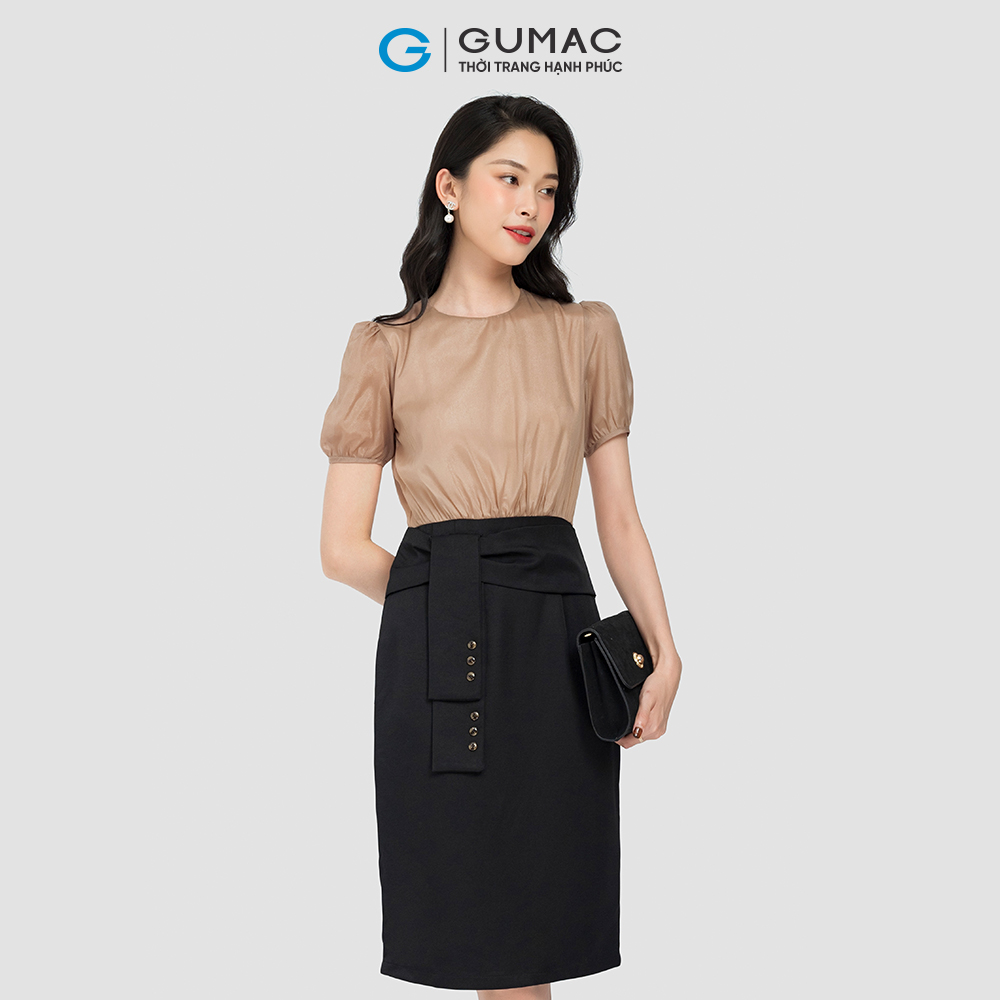 Đầm bút chì phối voan GUMAC DC08056 vải mềm mịn màu nâu