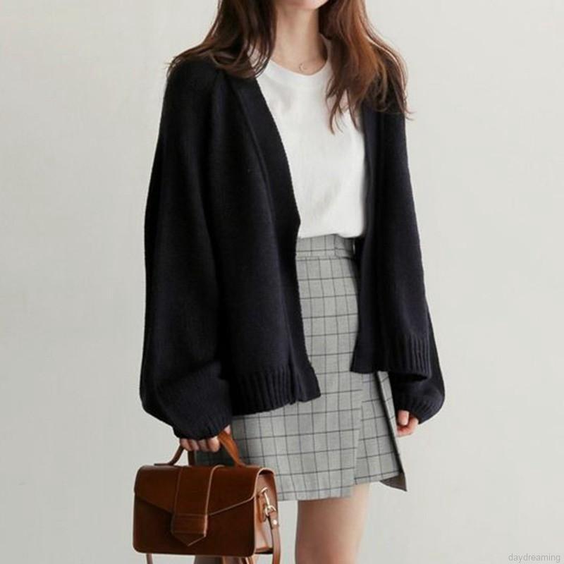 Áo khoác Cardigan dệt kim tay dài màu trơn thiết kế dáng rộng thoải mái