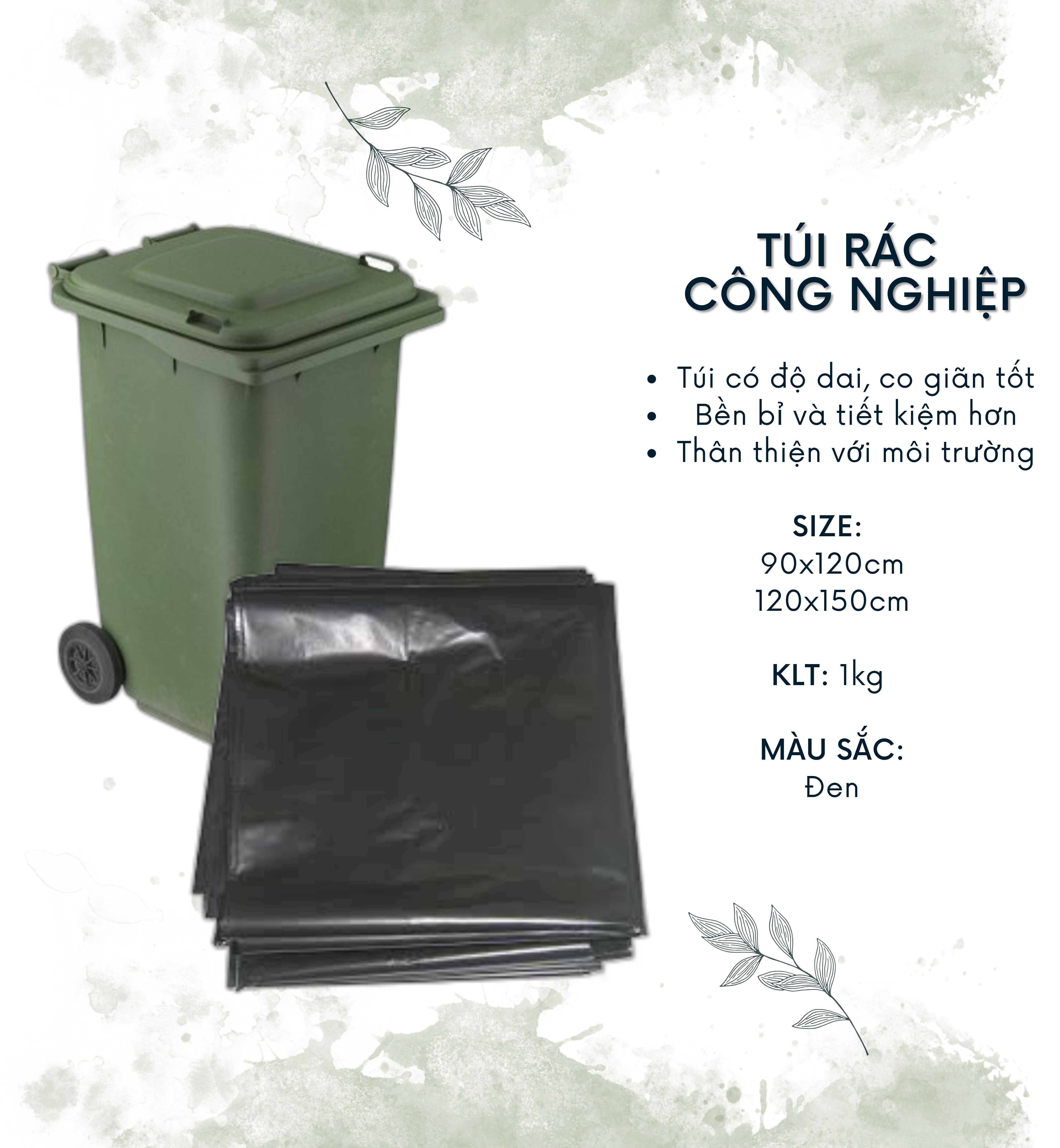 Túi rác đen công nghiệp size 60x80cm, 70x90cm ,80x100cm, 90x120cm, 110x140cm, 120x150cm cao cấp thân thiện môi trường cho thùng 30L, 45L, 60L, 120L, 180L, 240L