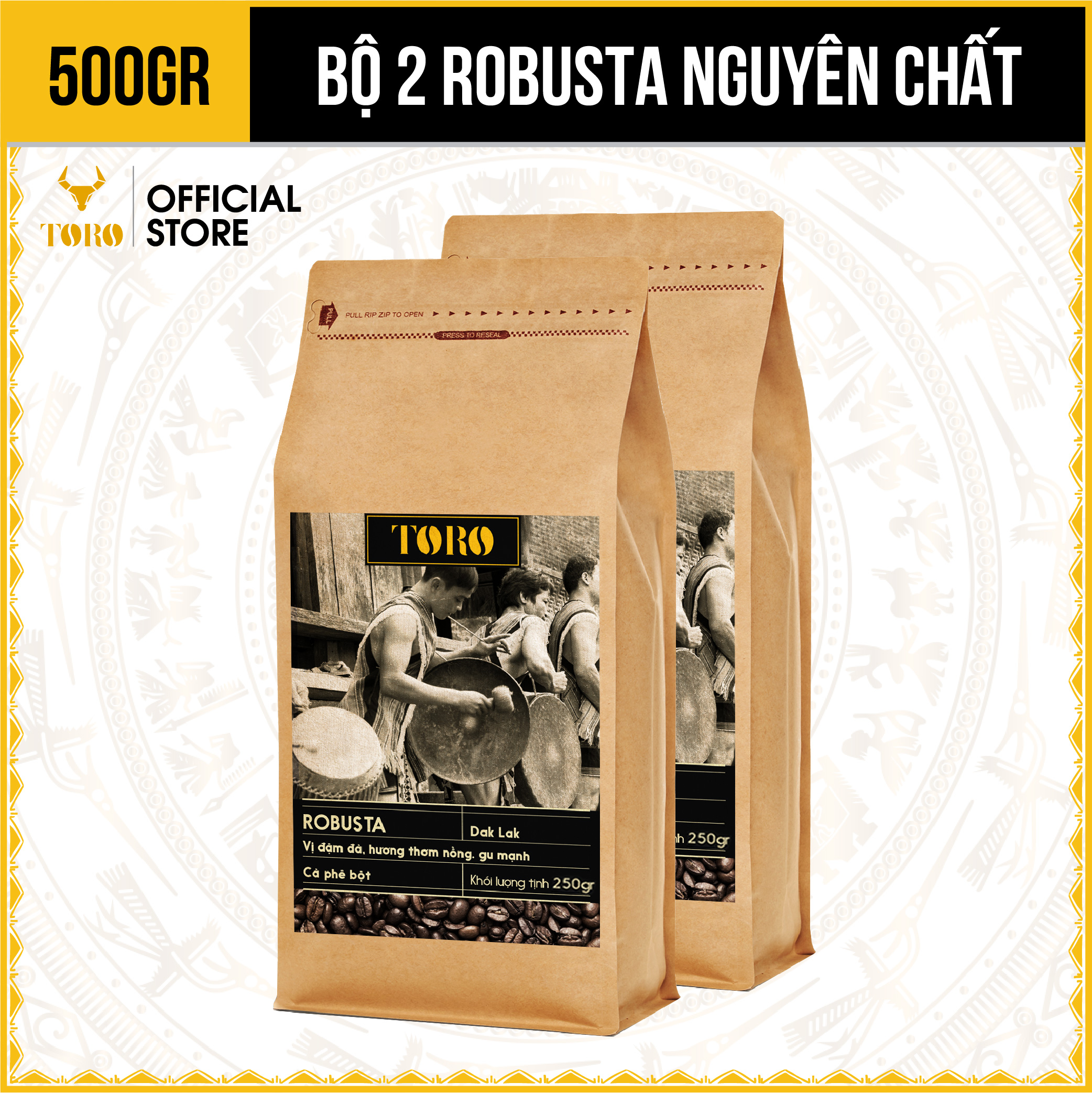 [500GR] Bộ 2 Cà Phê Bột Toro Robusta Nguyên Chất 100% | 250GR/Gói | TORO FARM