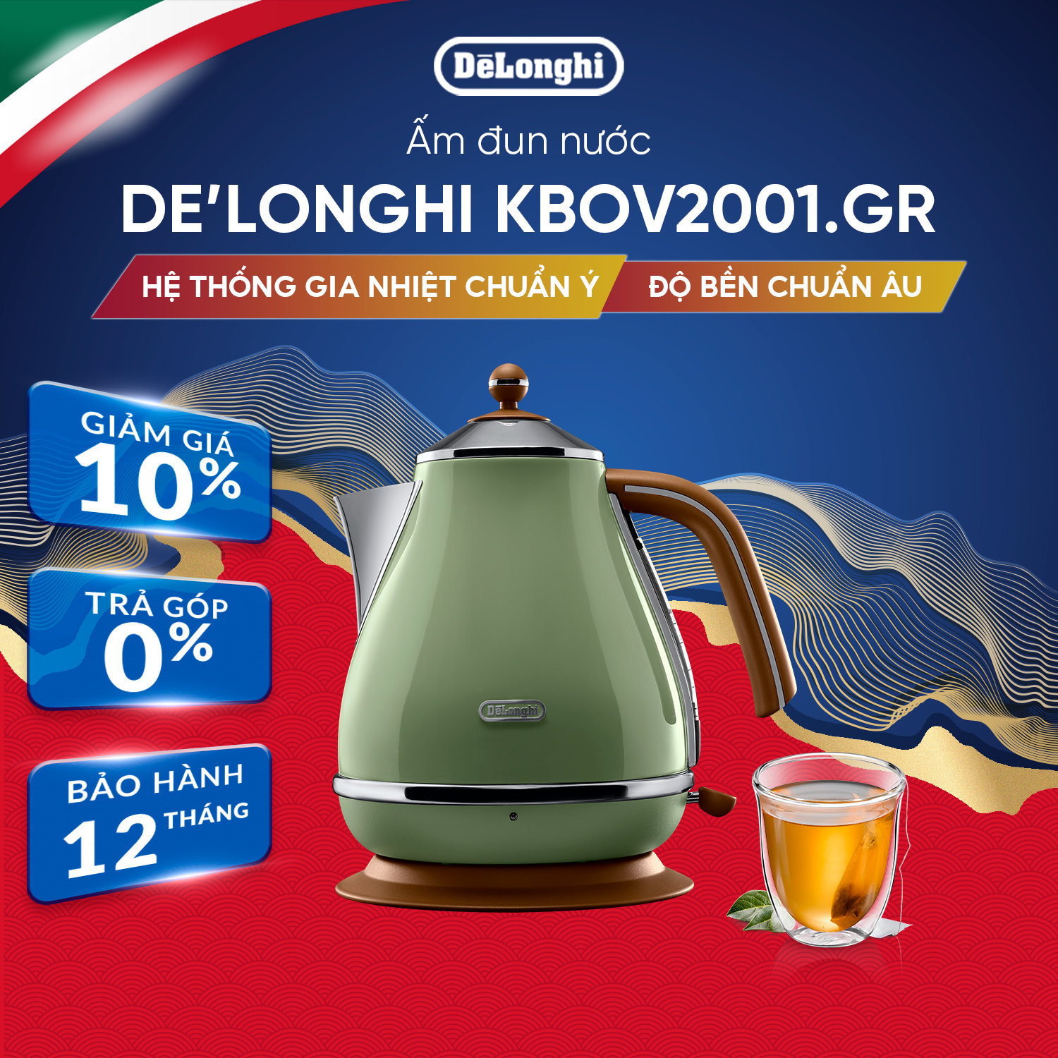 [Hàng chính hãng] Ấm đun nước siêu tốc DeLonghi Icona Vintage KBOV2001 (BG/ GR)