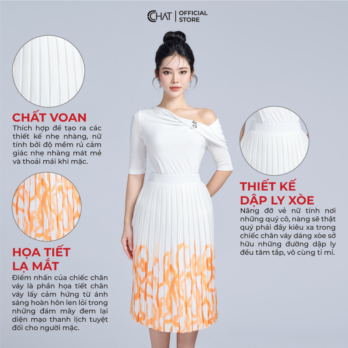 Chân Váy Họa Tiết Dập Ly Dáng Xòe Chất Lụa Cao Cấp 12CDL5002LT