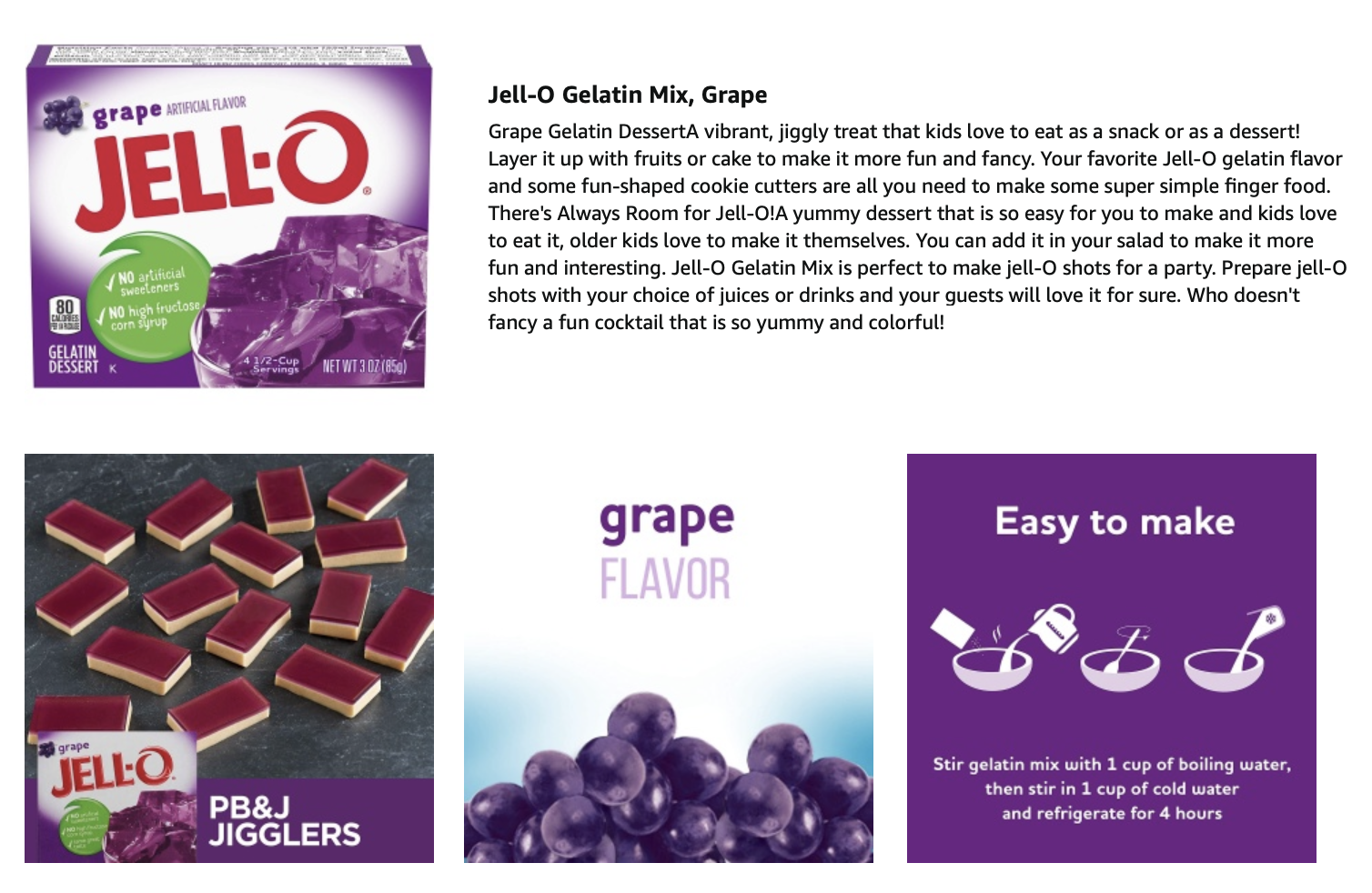 BỘT RAU CÂU - GELATIN VỊ NHO Jell-O Gelatin Mix, Grape, 85g (3 oz)