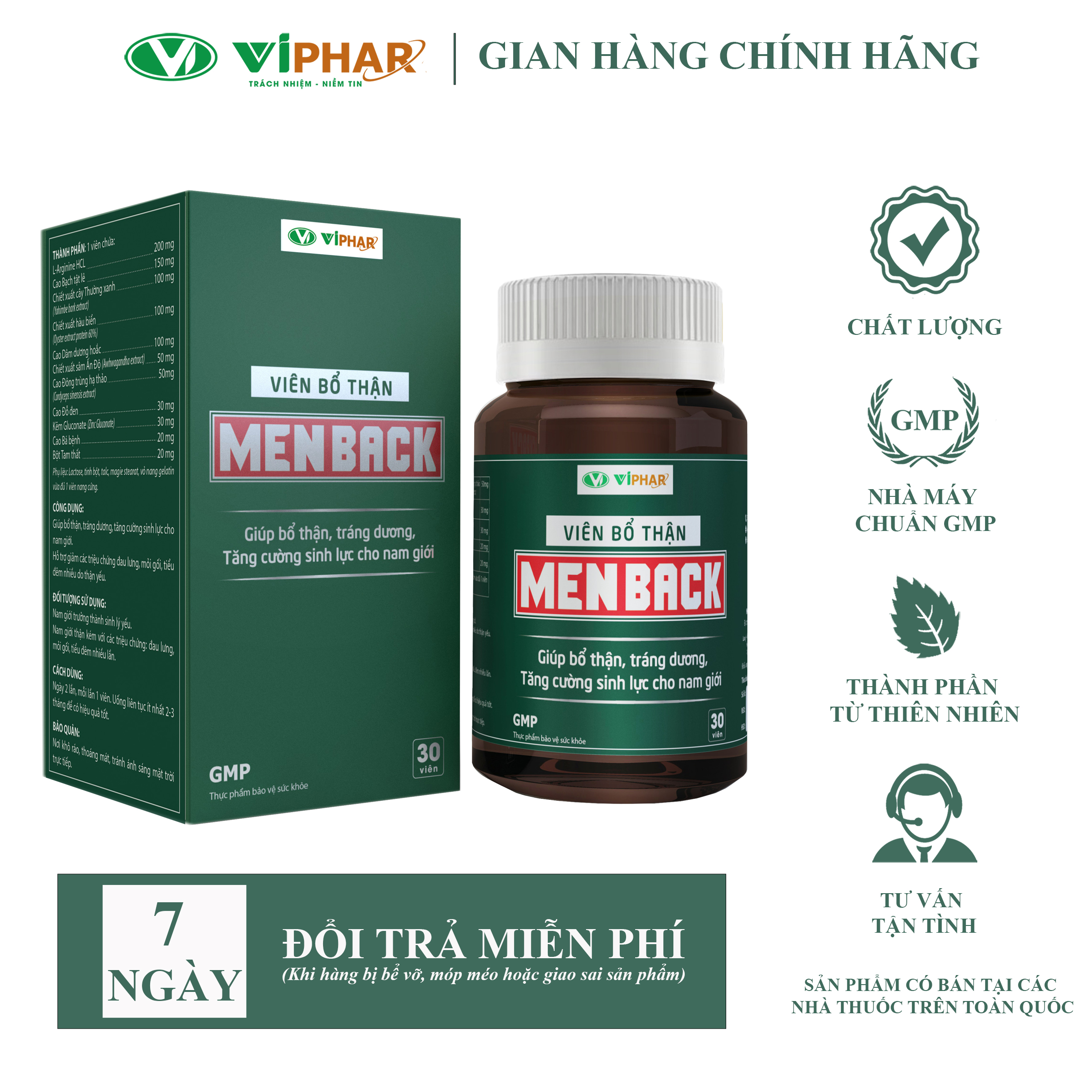 Viên Bổ Thận MENBACK VIPHAR Giúp Bổ Thận, Tráng Dương, Tăng Cường Sinh Lực Nam Giới, Hộp 30 Viên