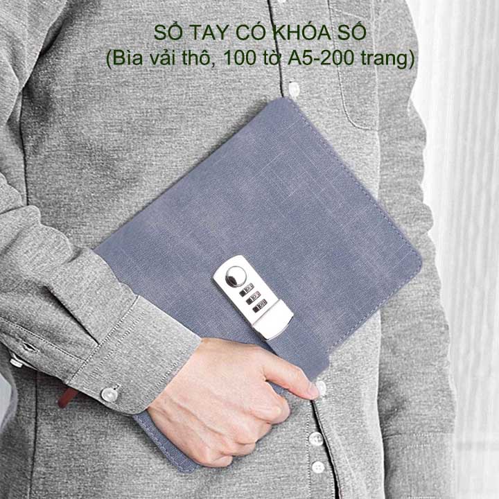 Sổ tay trang bị khóa số với bìa cứng bọc vải thô, khổ A5-100 tờ