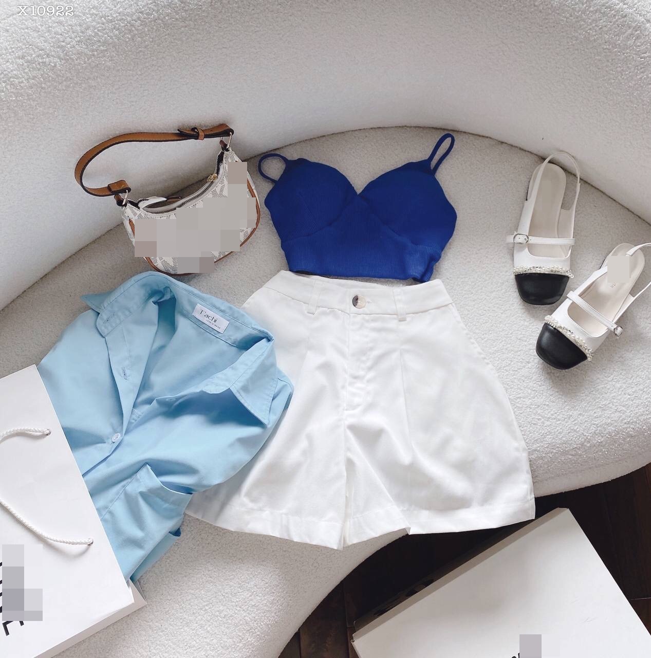 SET ÁO BRA CROPTOP DÂY XANH DƯƠNG + SƠ MI TAY DÀI PASTEL + QUẦN SHORTS NGẮN LƯNG CAO ỐNG RỘNG ĐI BIỂN