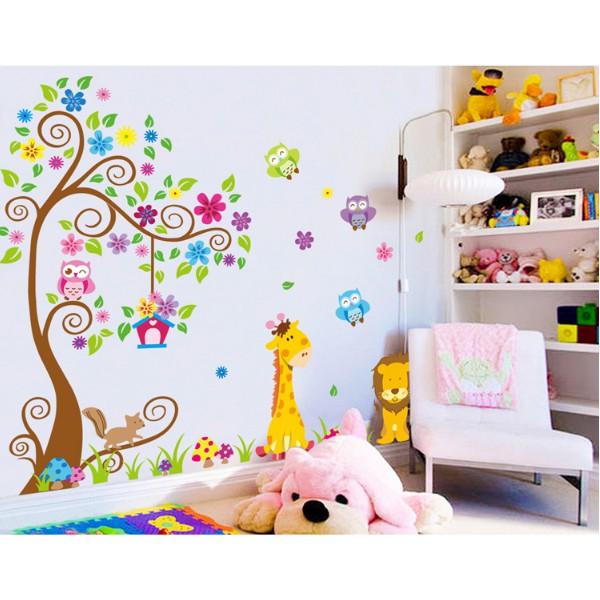 Decal trang trí tường - Cây hoa văn và thú sắc màu 03