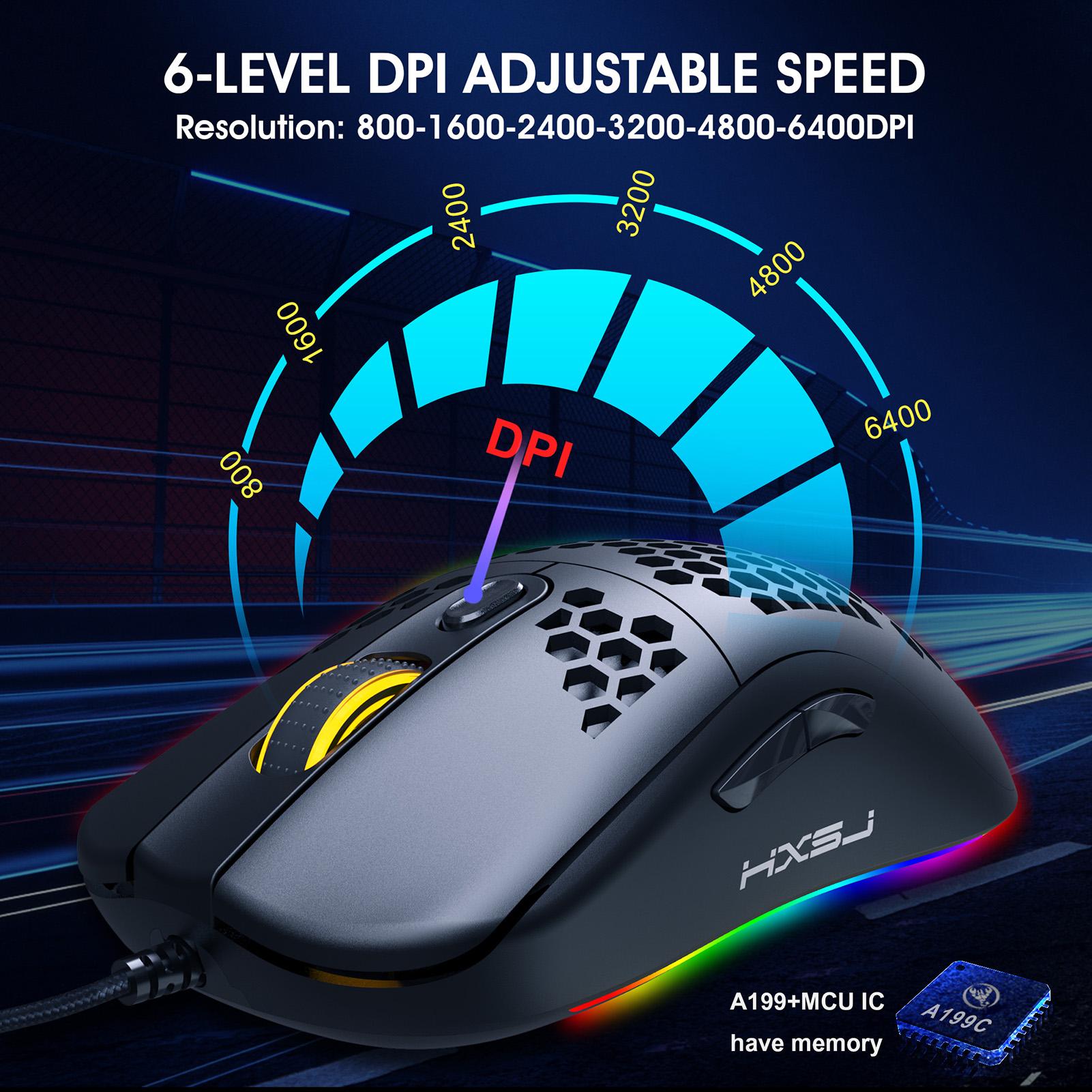 Chuột chơi game lập trình có dây USB Moiuse RGB Lighting với sáu DPI có thể điều chỉnh cho máy tính để bàn HXSJ X600