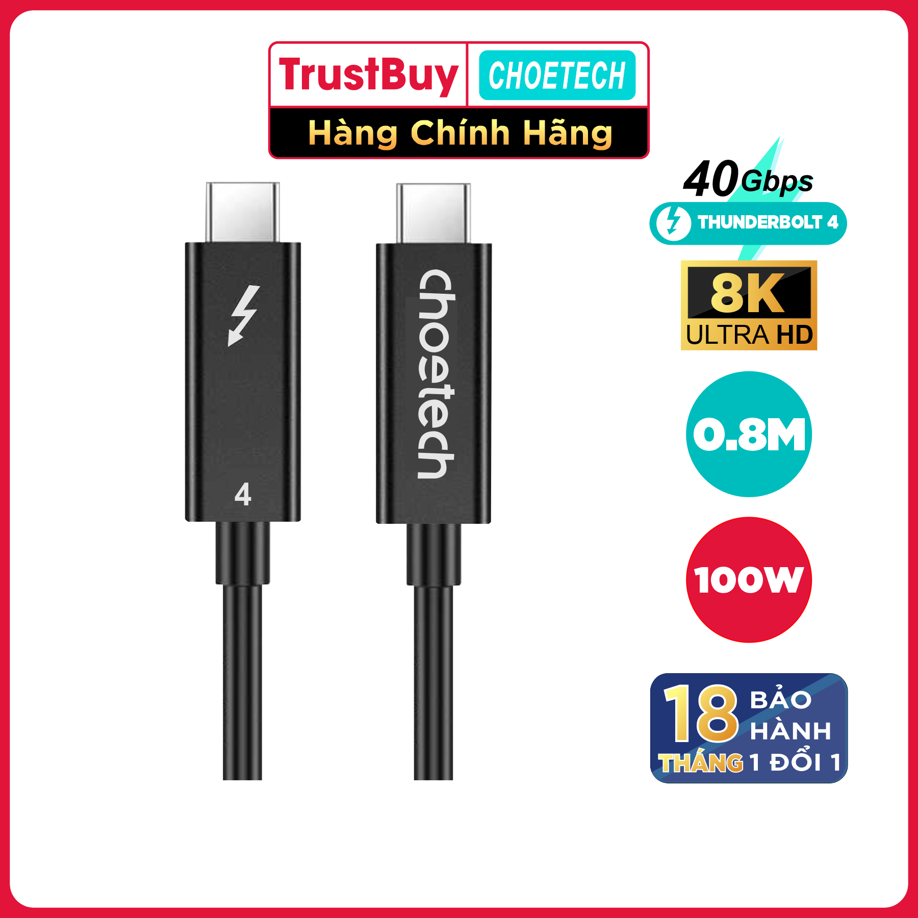 Dây Cáp Thunderbolt 4 Chuẩn Intel CHOETECH A3010-BK Dài 0.8M, 40Gbps, Sạc PD 100W, 8K 60Hz, 5K 60Hz, 4K 60Hz Kép - Hàng Chính Hãng