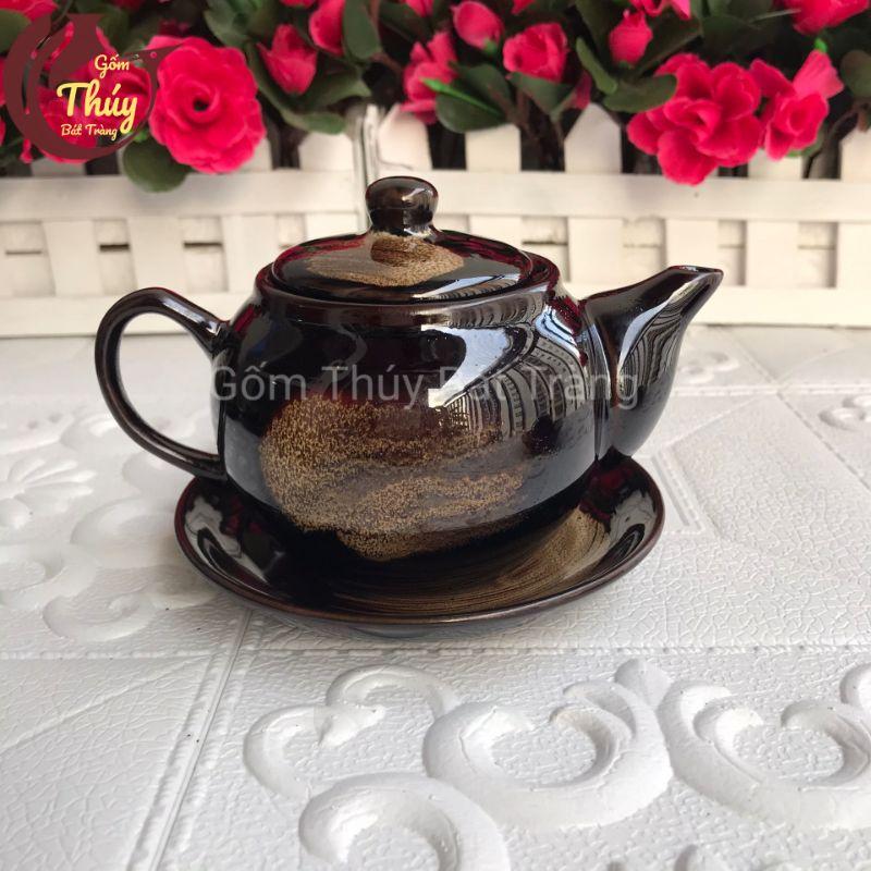 Bộ ấm chén men hoả biến cao cấp Bát Tràng màu đen, lòng chén hoa trắng 280ml