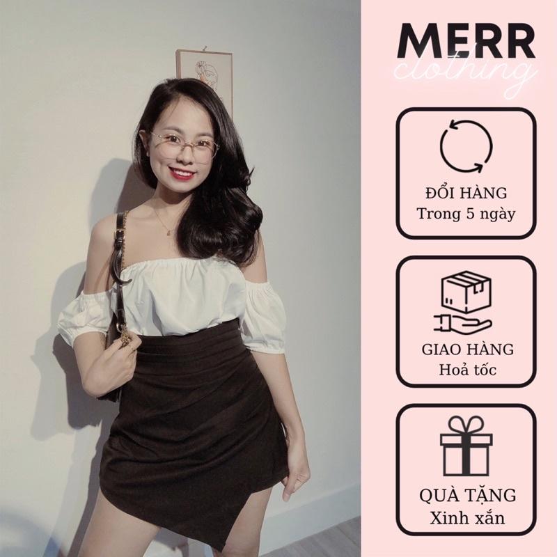 Set áo trễ vai chân váy vạt chéo, Ảnh chụp bởi Merr clothing