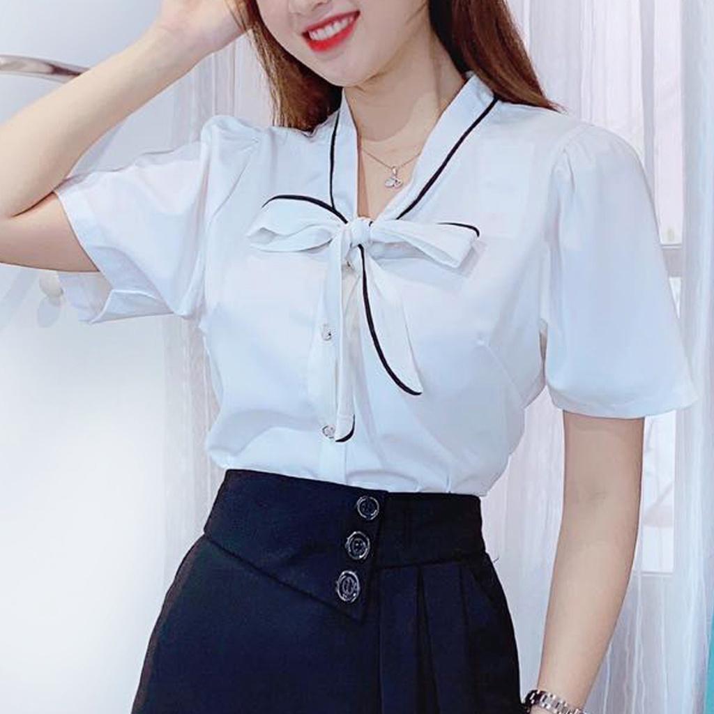 Áo sơ mi kiểu nữ PHỐI VIỀN NƠ CỔ tay ngắn thanh lịch và sang trọng