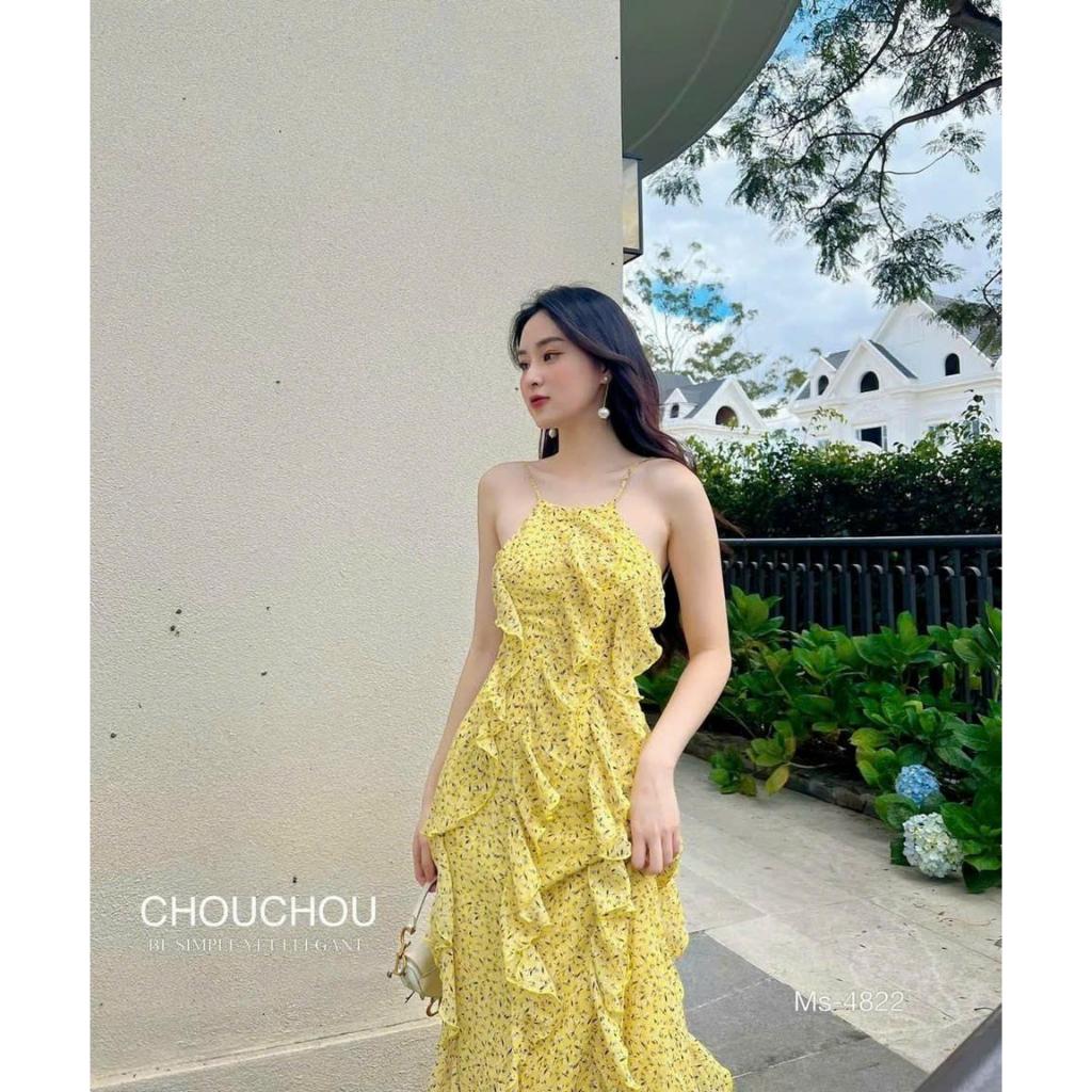 Đầm maxi voan hoa 2 lớp cao cấp phối bèo cột dây lưng