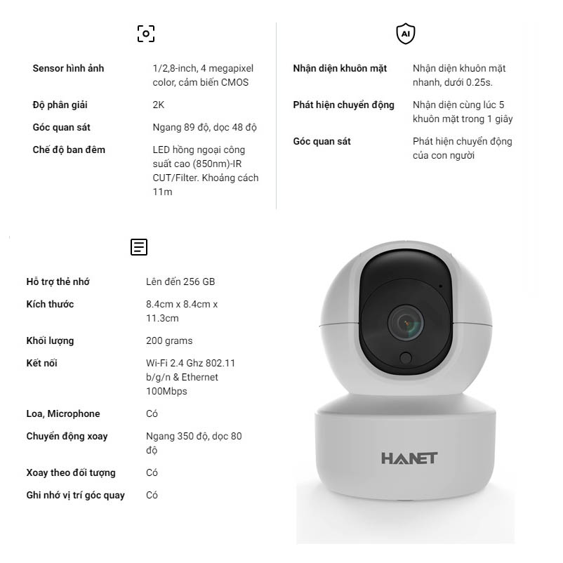 Camera Hanet AI Home HA800 Xoay 360, nhận diện khuôn mặt, giám sát từ xa bằng điện thoại, cảnh báo người lạ  - Hàng Chính Hãng