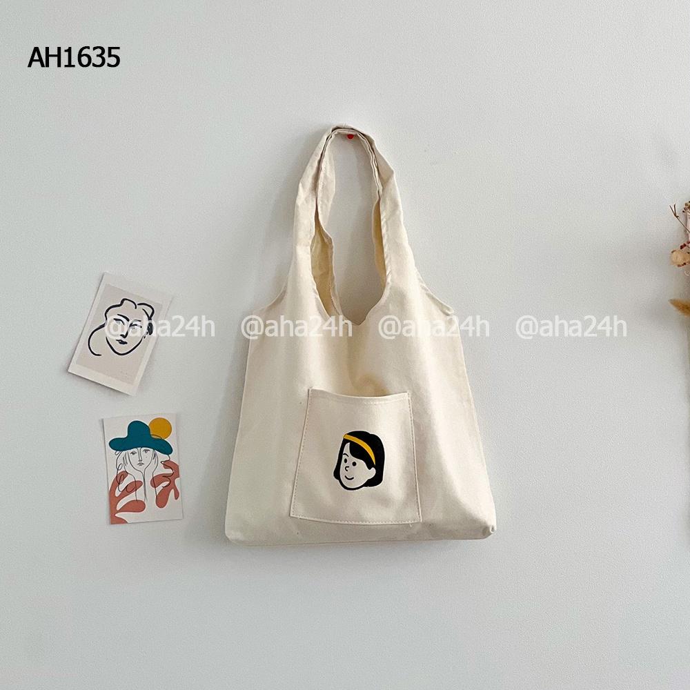 Túi tote vải canvas đi học đi chơi có túi nhỏ xinh in Girl băng đô AH1635