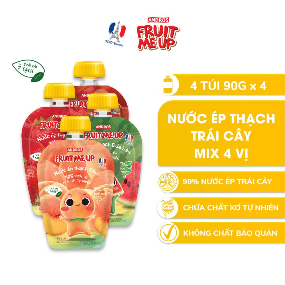 Combo 4 Túi Thạch Trái Cây 4 vị (Táo, Dâu, Đào, Dưa Hấu) - 90% Nước Ép Trái Cây Thật - ANDROS FRUIT ME UP- 90gx4