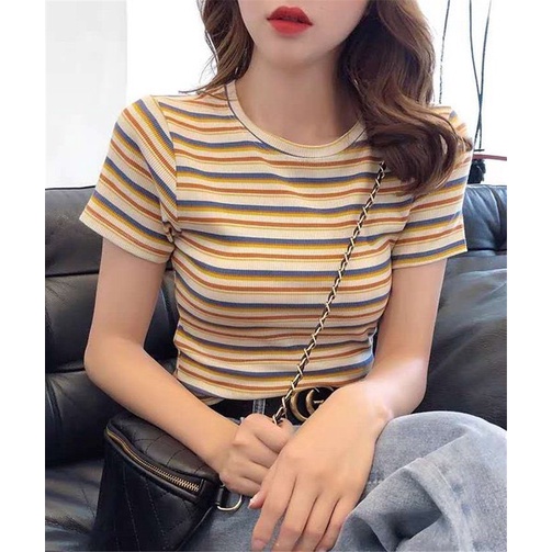 Áo Phông Nữ Kẻ Cộc Tay Cổ Tròn G0176