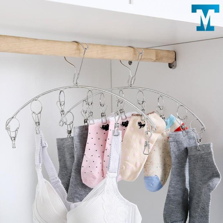 Móc treo tất vớ inox 8 kẹp chống rơi MDT, móc phơi đồ lót sơ sinh đa năng _M39