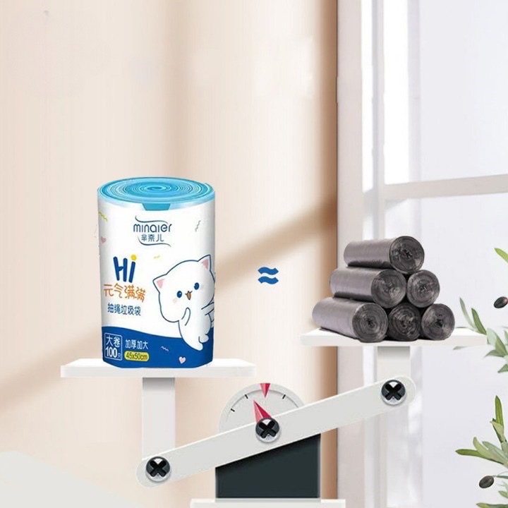 Cuộn 100 túi đựng rác gấu siêu dai, túi rác có dây rút tự hủy sinh học size 45 x 50 cm