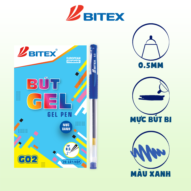 Combo 5 bút gel BITEX G02 màu xanh ngòi 0.5mm viết êm trơn, không chảy mực