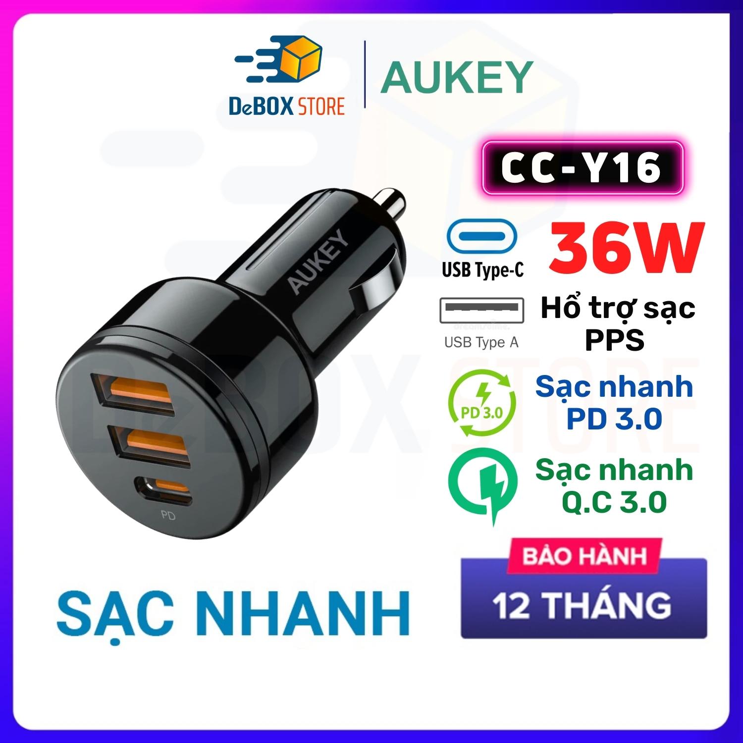 Tẩu Sạc ô tô AUKEY Siêu Nhanh CC-Y16 36W Dual USB A QC 3.0/USC-C PD 3.0 20W - Hàng Chính Hãng