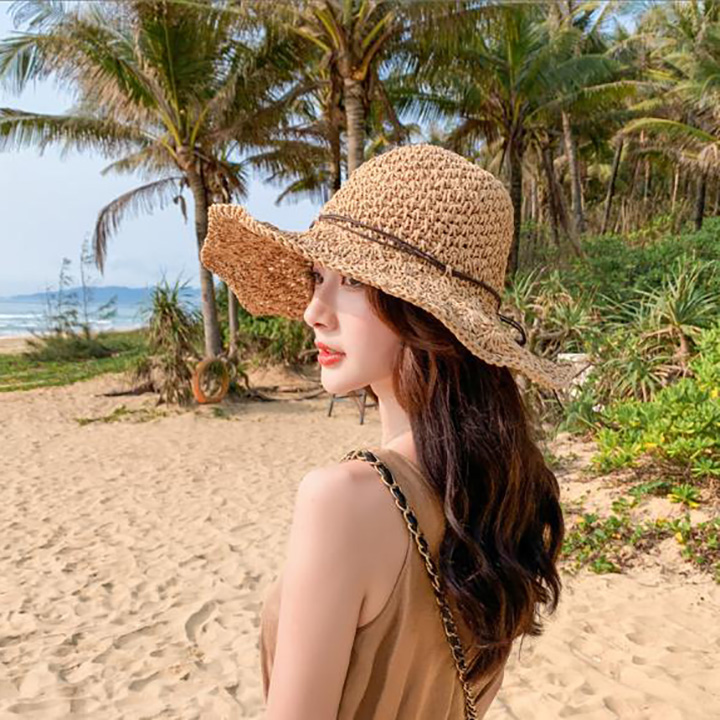 Mũ móc len chất liệu cói style Hàn Quốc thiết kế thanh lịch thích hợp khi đi chơi che nắng