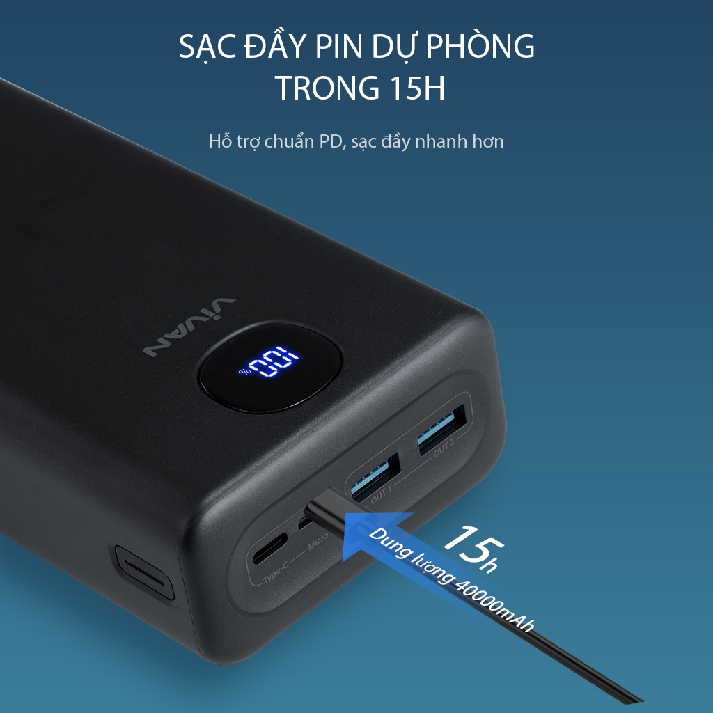 Pin Sạc Dự Phòng 40.000mAh VIVAN VPB-B40 PD/QC 3.0/VOOC Sạc Nhanh 22.5W - Hàng chính hãng