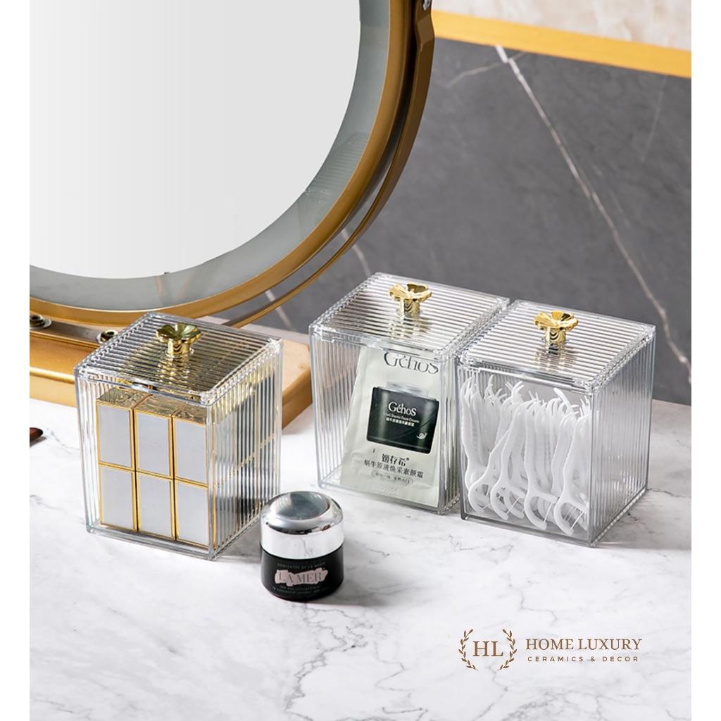 Lọ đựng tăm chỉ, bông mút, phụ kiện mỹ phẩm họa tiết vuông sọc kẻ núm hoa vàng Decor