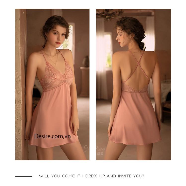 Váy ngủ lụa phối ren chéo lưng cao gợi cảm VN-034