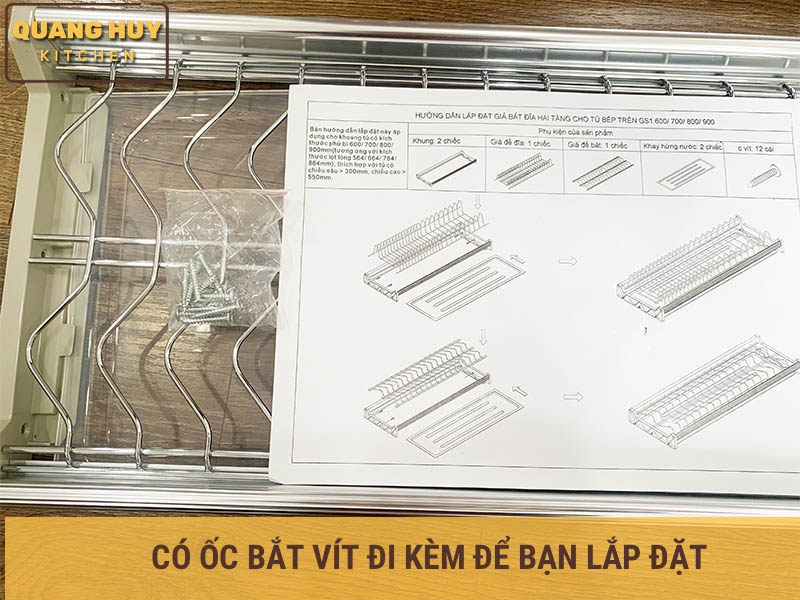 Giá úp bát 2 tầng cố định inox bóng cho tủ bếp trên