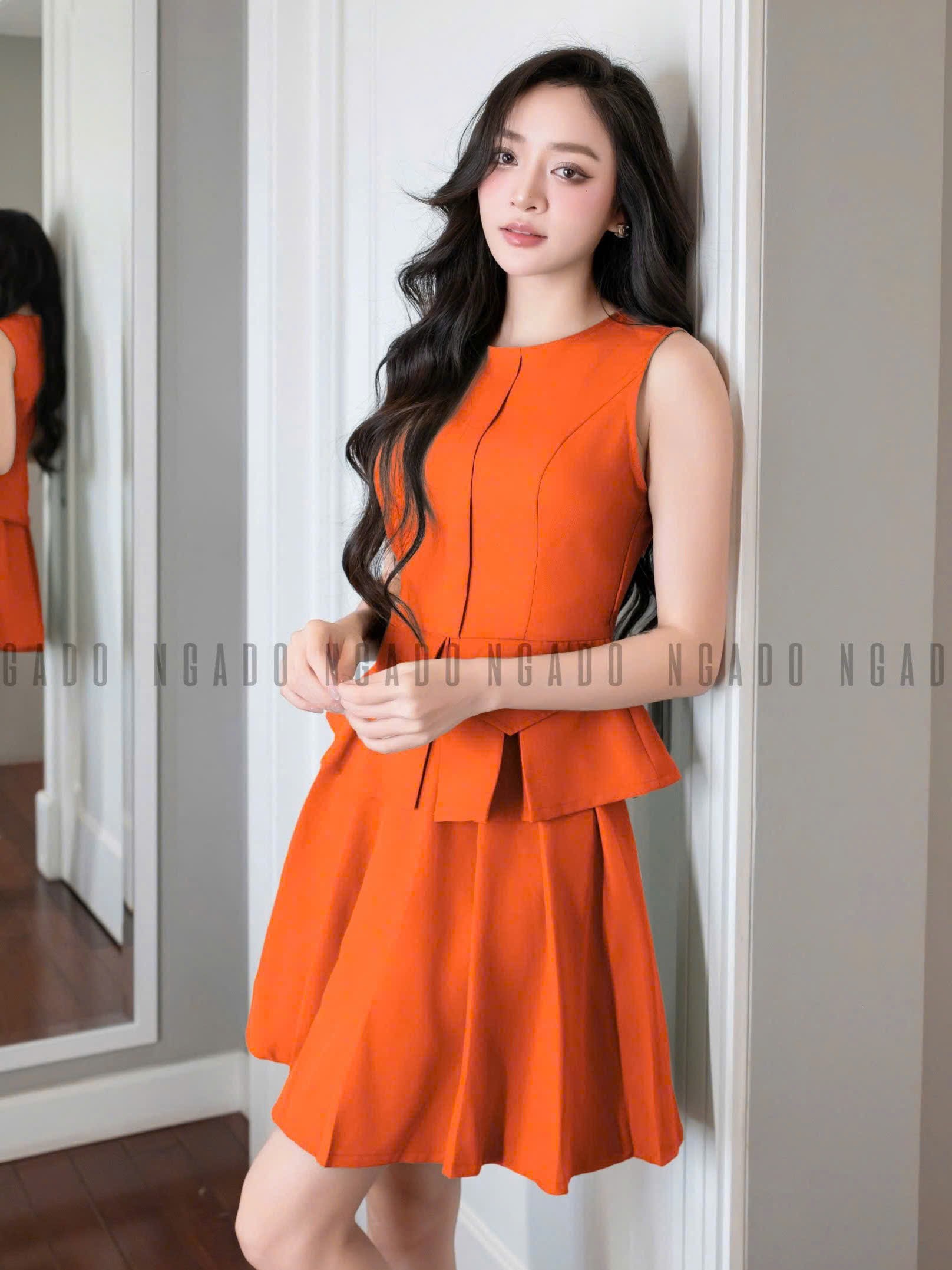 Set áo váy cam xếp ly NGADO , set áo váy ngắn , set áo váy nữ , set công sở