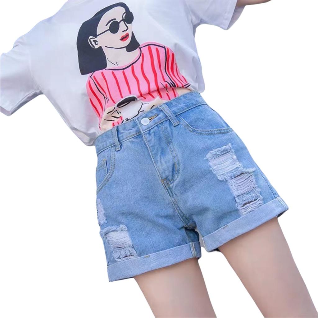Quần short jean nữ BigSize lưng cao trên rốn, co dãn mạnh, xăn lai, màu xanh nhạt rách kiểu dành cho người mập 3868