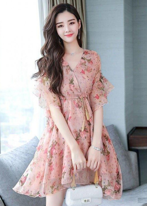 Đầm Đính Hoa Thắt Dây Eo Thanh Lịch