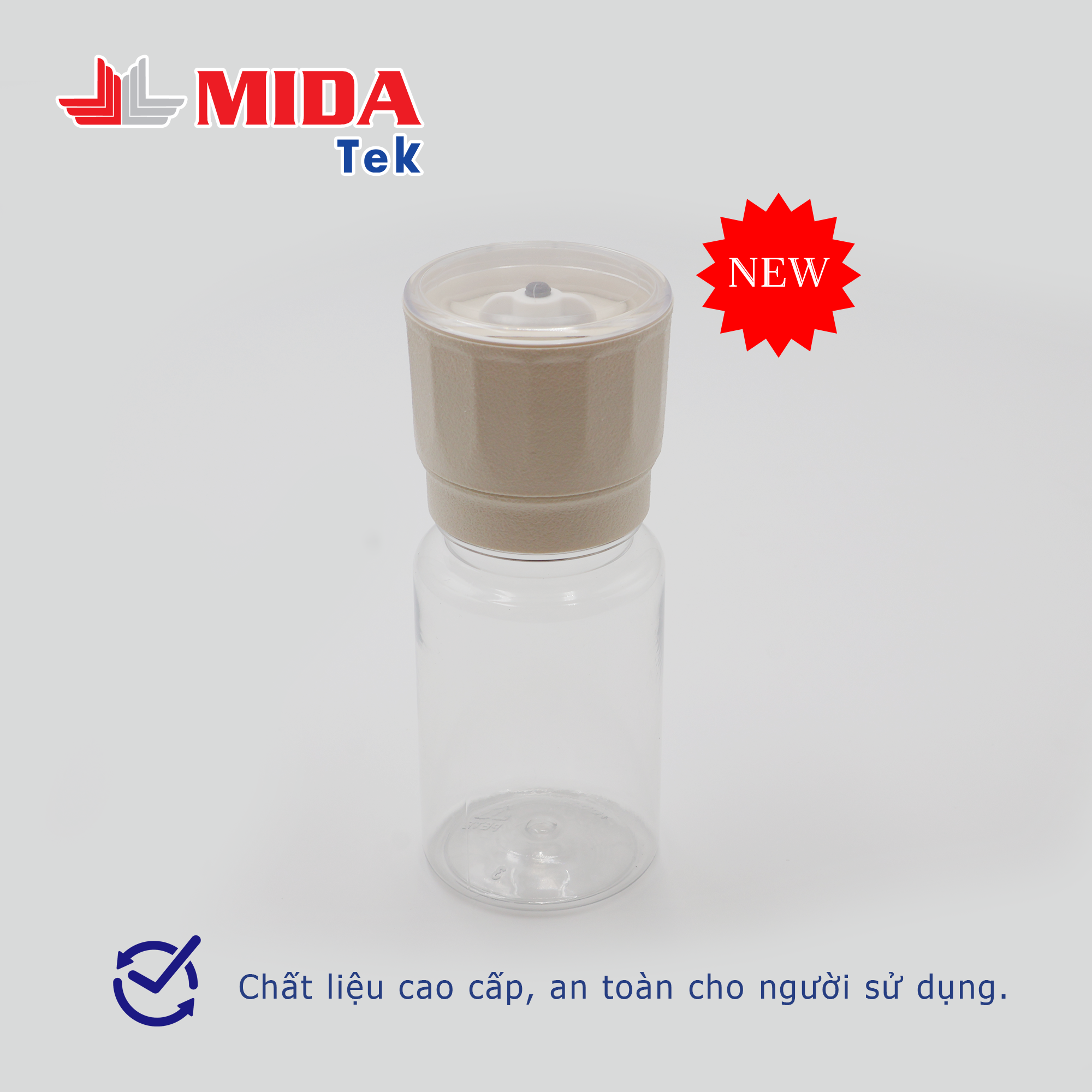 Dụng cụ xay tiêu MIDATEK cối xay ceramic Màu Kem chai nhựa dung tích 100ml miệng hũ 38mm