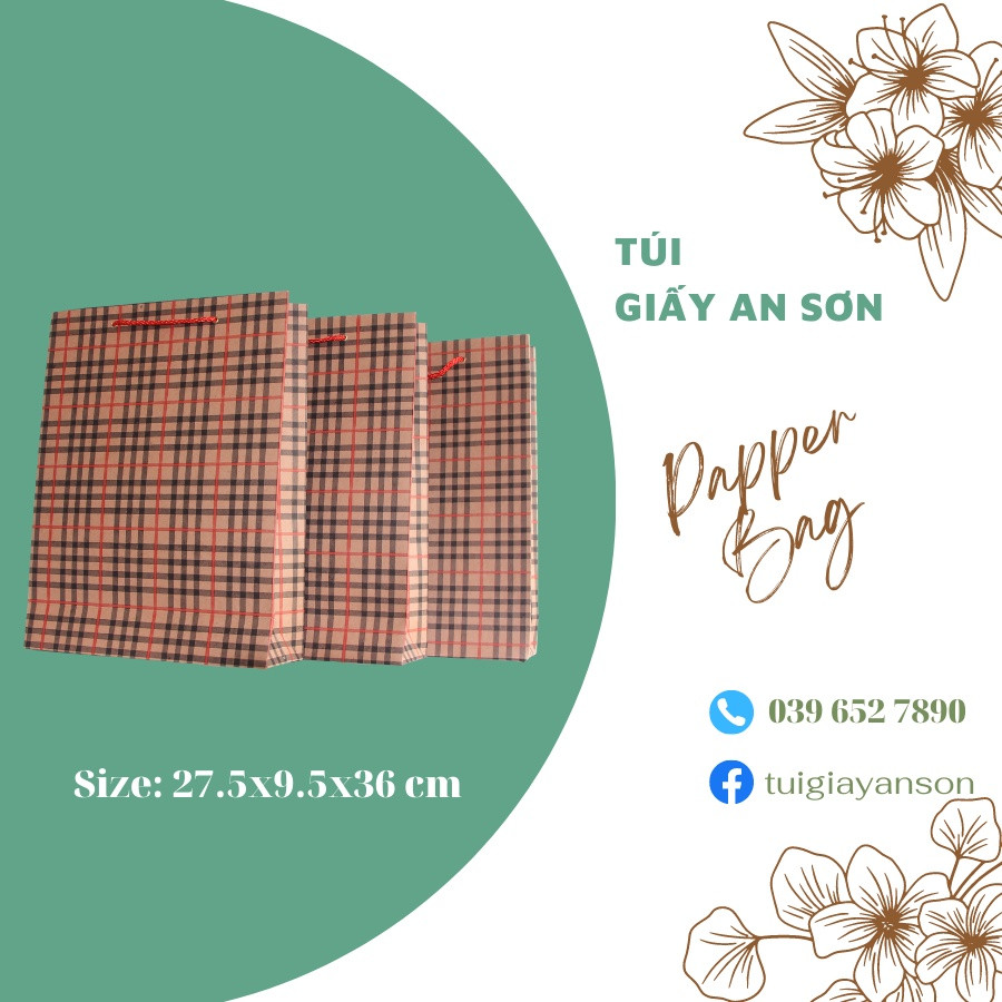 Combo10 Túi Giấy Đựng Quà Siêu Xinh Họa Tiết Kẻ Karo Đơn Giản Nhẹ Nhàng KT 27.5x9.5x36 cm