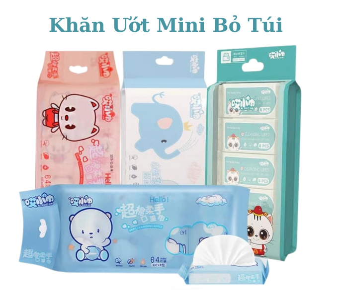 Khăn giấy ướt mini không mùi 1 bịch 8 gói, nhiều hình dễ thương bỏ túi tiện lợi GD708-KGMini