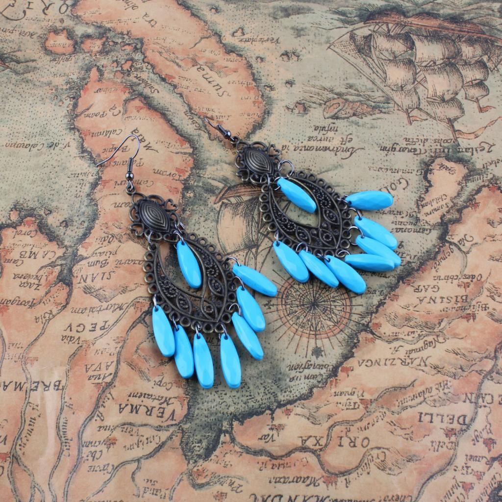 Women Behomia Hollow Flower Alloy Hook Style Earringd Ethnic Odd Beads Dangle Long Tassel Fringe Earrings