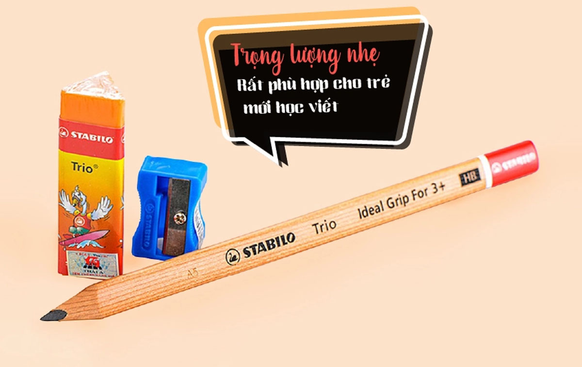 Combo bút chì gỗ phác thảo STABILO Trio 362 - Bộ 1 bút chì Jumbo + Chuốt chì PSJ4562 + Gôm tẩy ER199