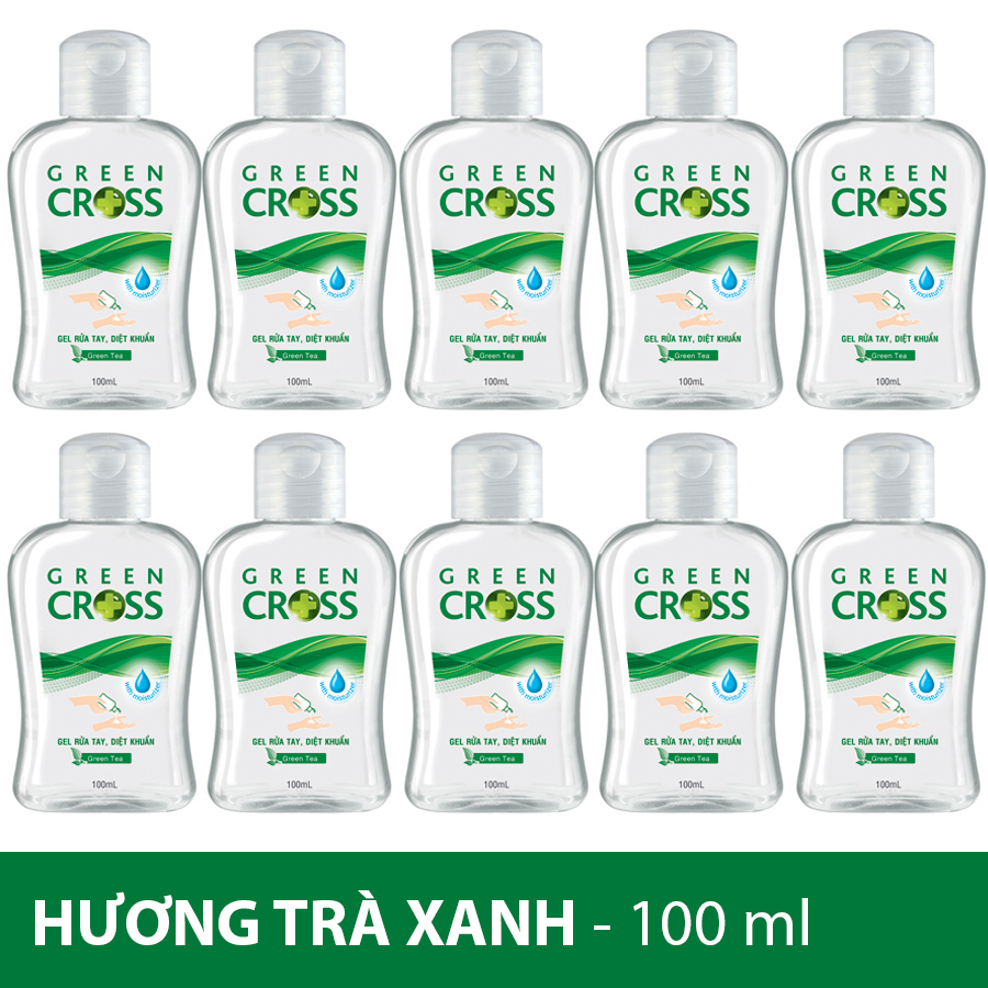 Combo 10 chai Gel Rửa Tay Khô Diệt Khuẩn Green Cross Hương Trà Xanh chai 100ml + TẶNG 2 chai Nước Xả Vải VEL 800ml Hương Thanh Khiết cho bé