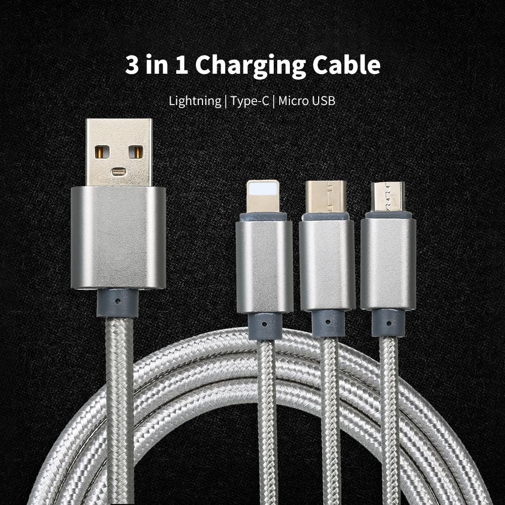 3 in 1 Charging Cable Data Cable 2.4A with Micro USB/Type-c Replacement for iPhone Xiaomi Huawei Samsung Nylon Braided