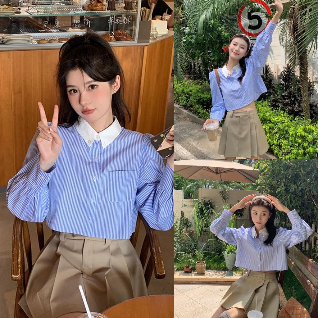Áo sơ mi nữ croptop kẻ xanh hottrend phong cách Hàn Quốc năng động Kozoda SM90