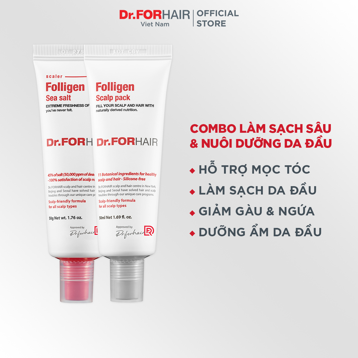 Bộ muối tẩy tế bào chết da đầu và dầu xả dưỡng tóc Dr.FORHAIR Folligen Scalp Pack 50ml và Sea Salt Scaler 50g