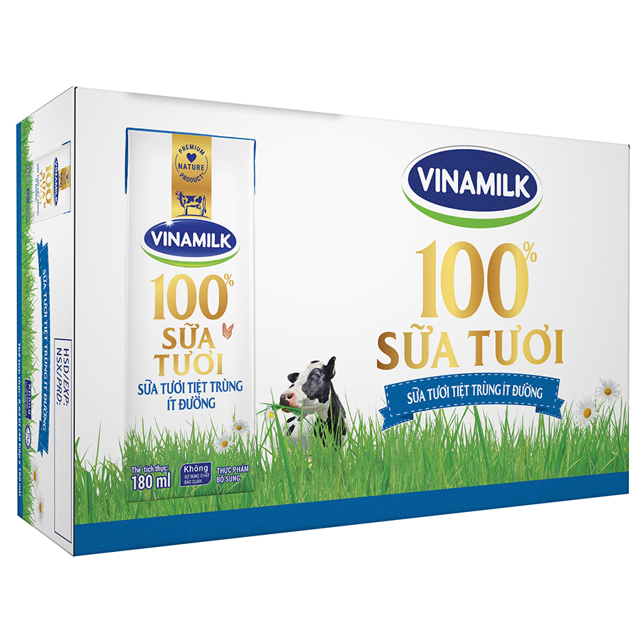 Thùng 48 Hộp Sữa Tươi Tiệt Trùng Vinamilk 100% Ít Đường (180ml)