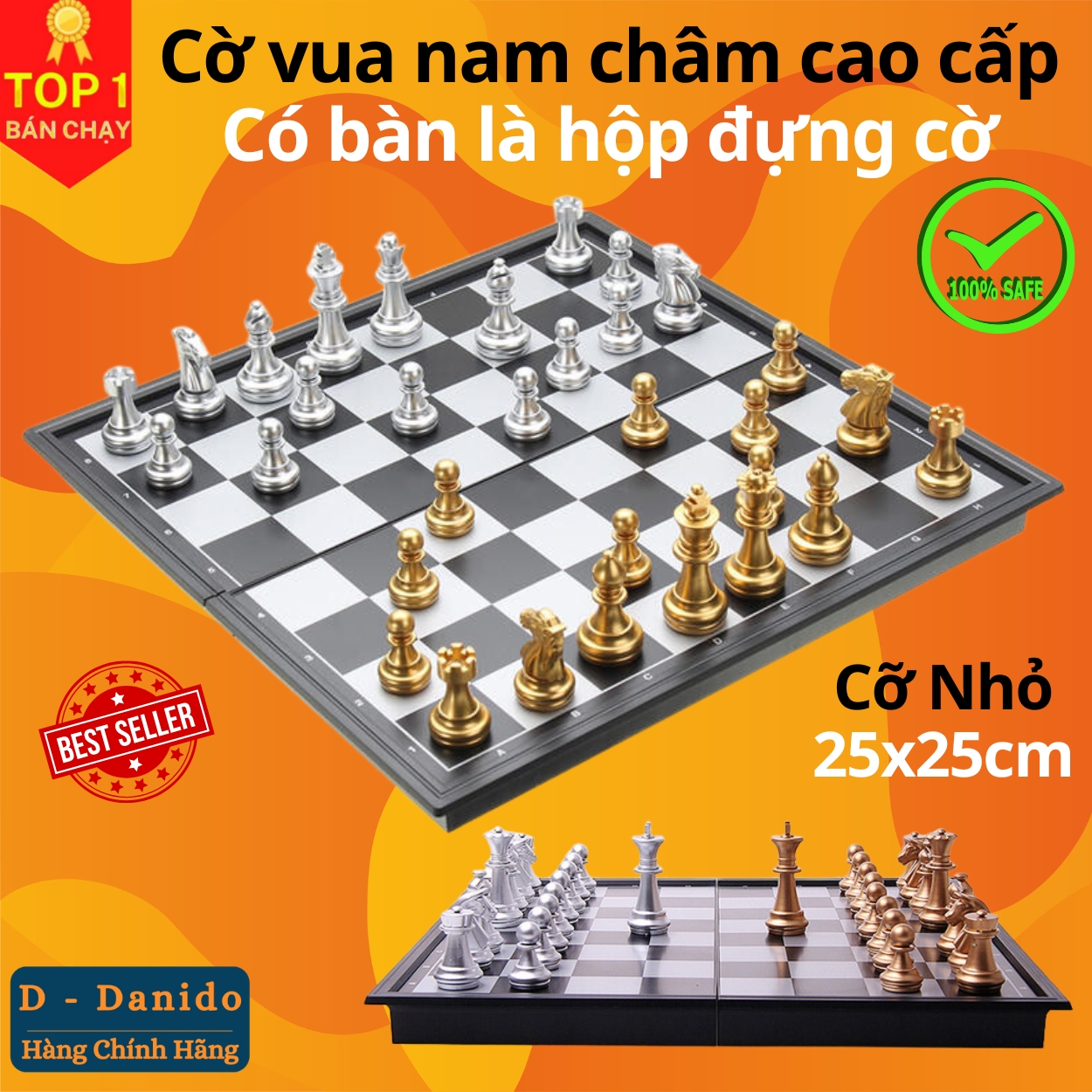 Bộ Chơi Cờ Vua Nam Châm Cao Cấp Cỡ Nhỏ 25x25cm Tiêu Chuẩn Quốc Tế Phủ Nhũ Vàng Nhũ Bạc Hãng